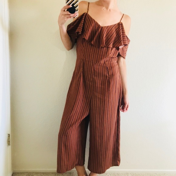 Xhilaration Pants - Brown & Blue Striped Cold Shoulder Ruffle Jumpsuit